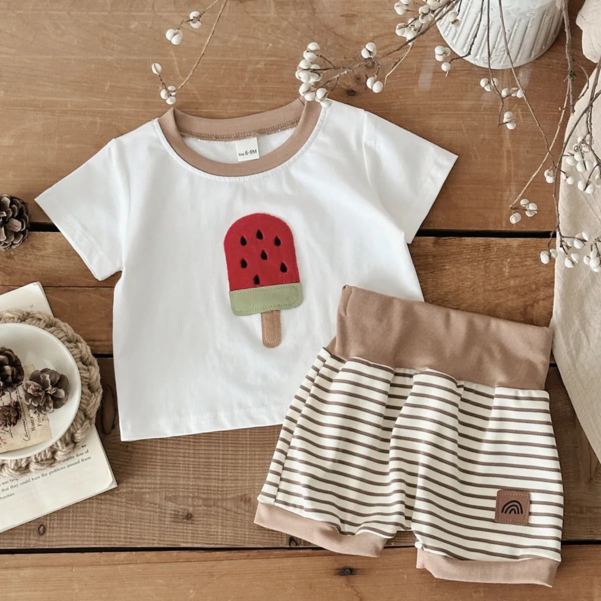 New Summer Baby Boys Clothes Set Leisure Newborn Baby Girls Watermelon Ice Cream Patchwork Shirt+Stripe Shorts Clothes 2Pcs/Set