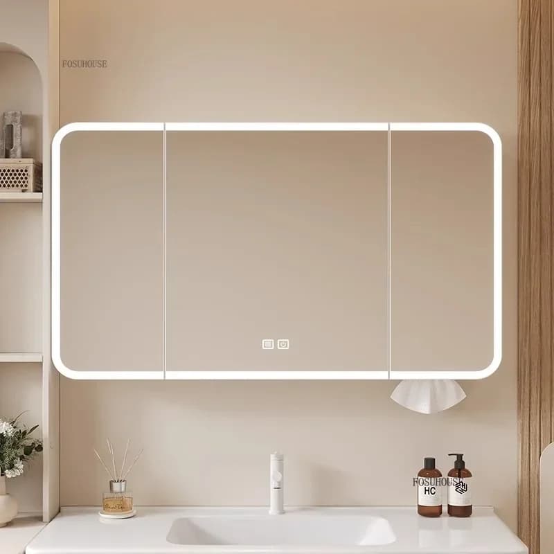 Modern Curved Space Aluminum Bathroom Mirror Cabinet Bathroom Furniture Wall-mounted Smart LED Mirror Beauty Rack Cabinet r f