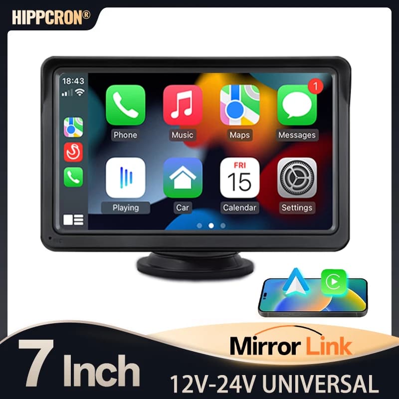 Hippcron Monitor portatile da 7 pollici per autoradio, lettore multimediale, supporto CarPlay, Android Auto, USB, BT, TF, 12V-24V, universale