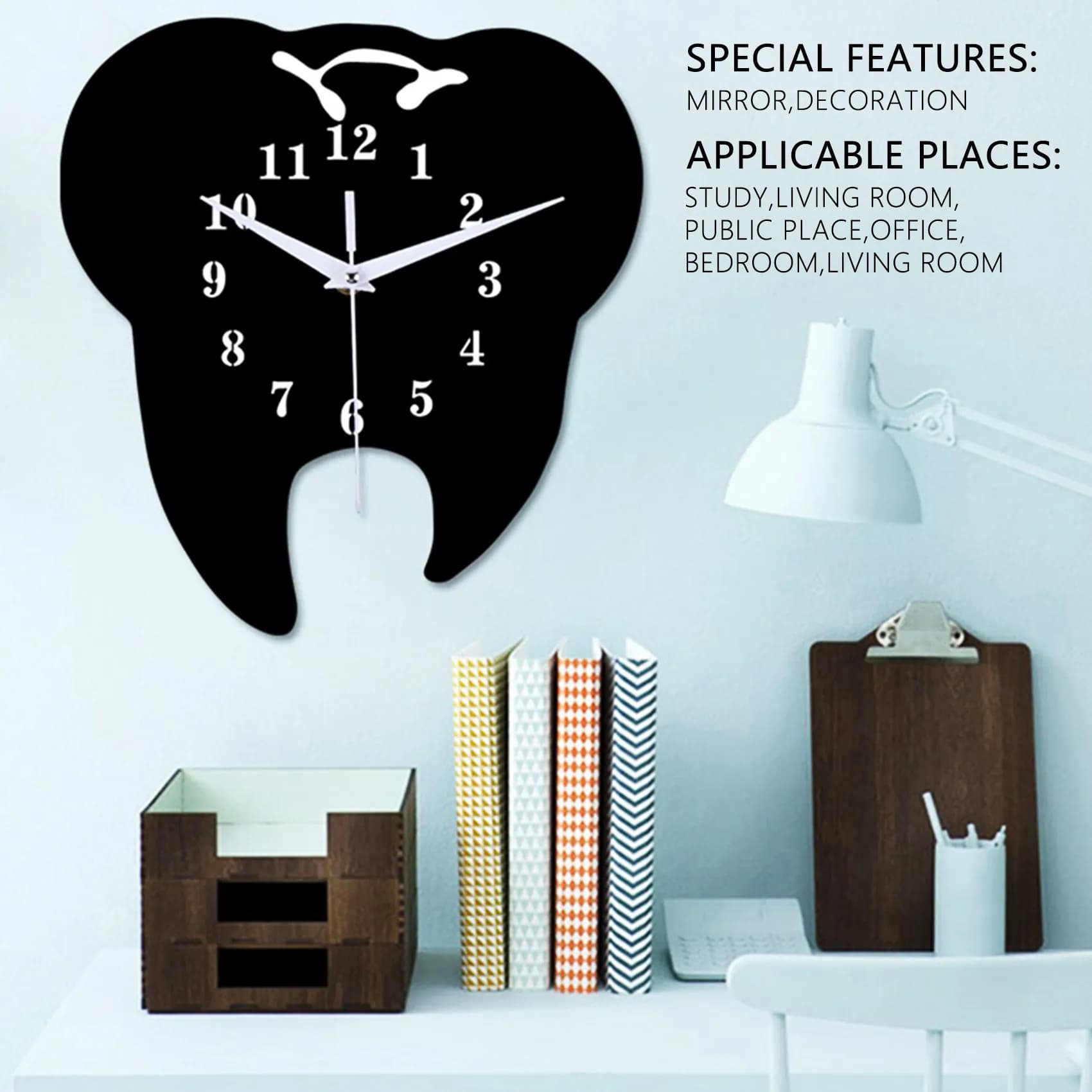 Timelike Creative Tooth-Shaped Wall Clock Ornament Wall Clock 3D Acrylic Creative Mirror Wall Sticker Home Decor