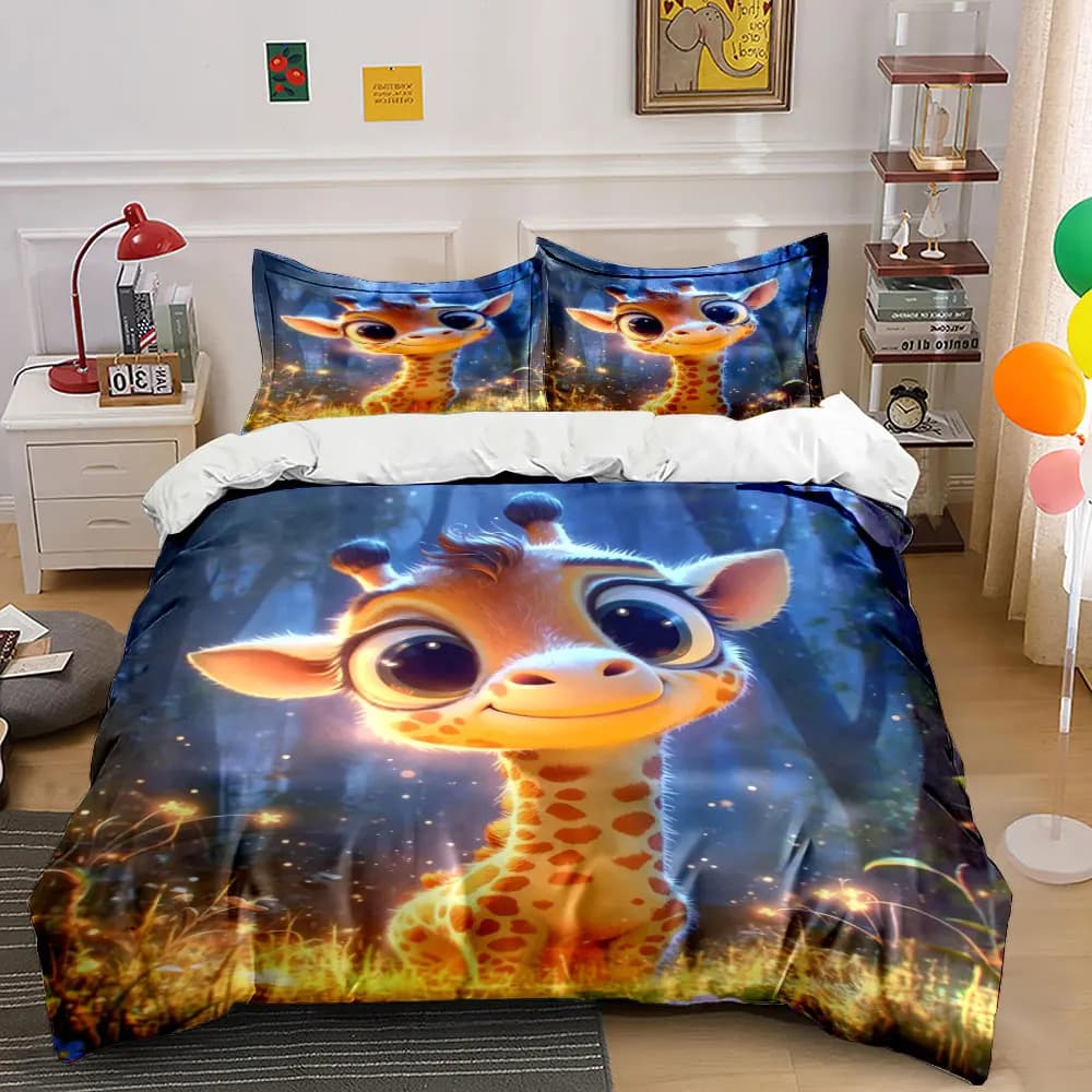 Adorable giraffe glowing in forest Print Bedding Set 1 Duvet Cover 2 Pillowcases for Adult and Children Luxury Gift Full Size