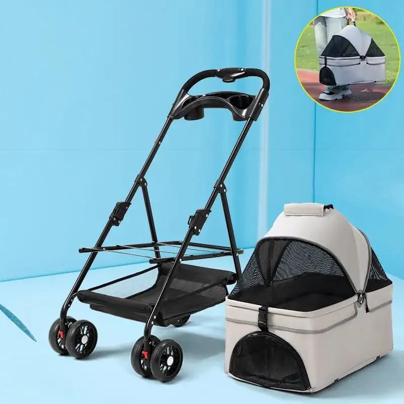 Passeggino per animali domestici con carrello portaoggetti per cani e gatti a 4 ruote da viaggio rimovibile facile da piegare di lusso con cestino portaoggetti