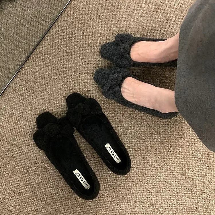 Elegant Bow Corduroy Upper Women Flats Shoes Shallow Slip On Loafers Woman Grey Sweet Shoes Soft Sole Ladies Shoes
