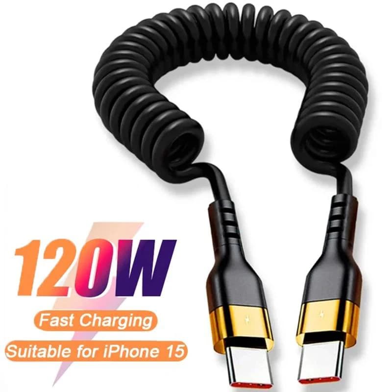 Cavo telescopico a molla USB tipo C 120W per auto 5A a ricarica rapida da tipo C a tipo C per iPhone 15 Samsung Huawei Xiaomi Redmi OnePlus