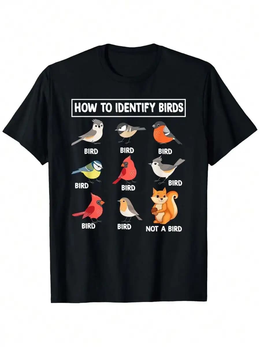 T-shirt grafica da uomo con istruzioni per identificare gli uccelli - Design divertente per il birdwatching con illustrazioni colorate