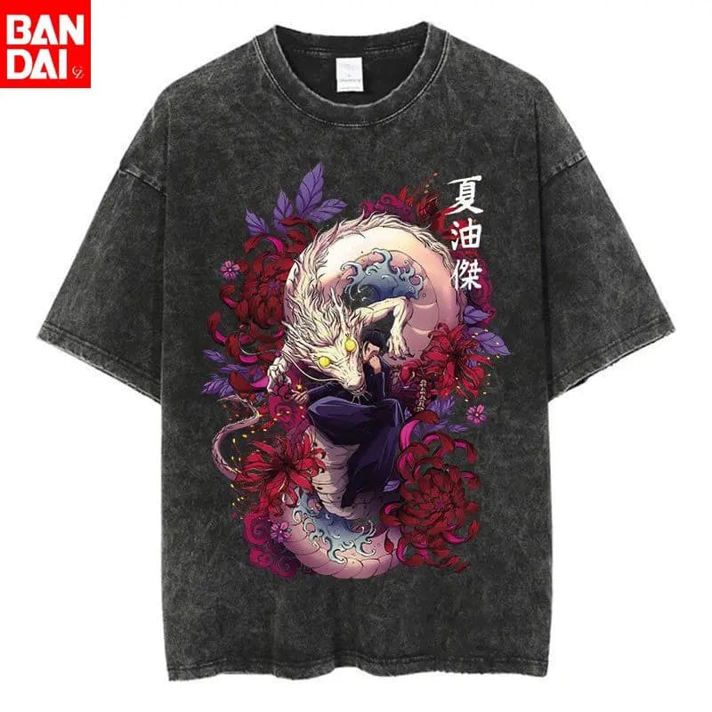T-shirt Uomo Oversize Nera Stampa Vintage Lavata Jujutsu Kaisen Suguru Geto Drago Verde e Cane Divino Anime Estate 2026