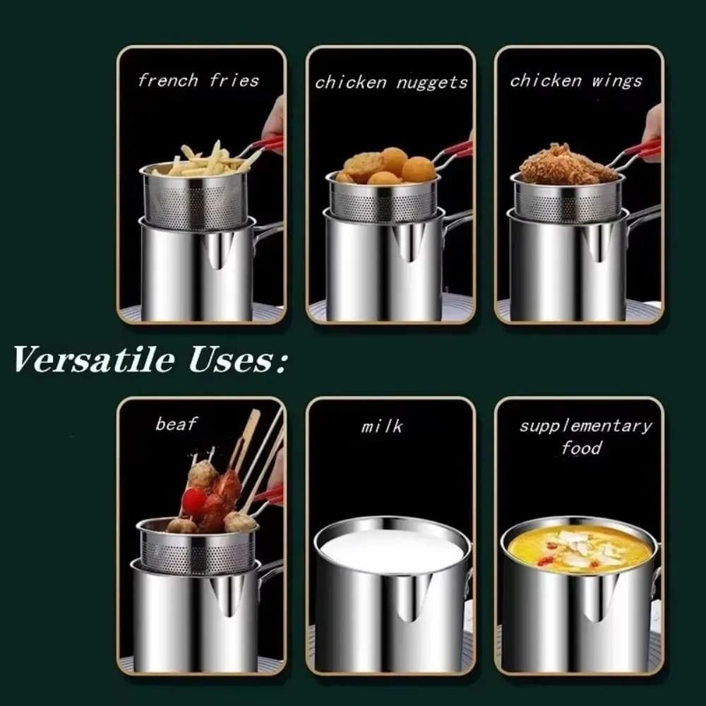 Stainless Steel Deep Fryer Pot Oil Filtering Pan Heat Resistant Handle Fryer Pot Set Pour Spout Deep Pot Design Frying Pan Set