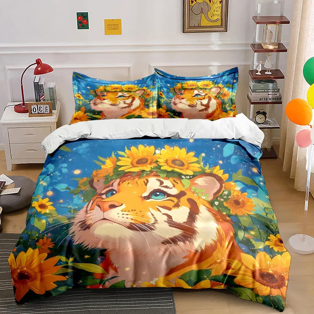 Sunflower Wreath Tiger Ink Painting Art Bedding Set 1 Duvet Cover 2 Pillowcases for Adult and Children Luxury Gift Full Size