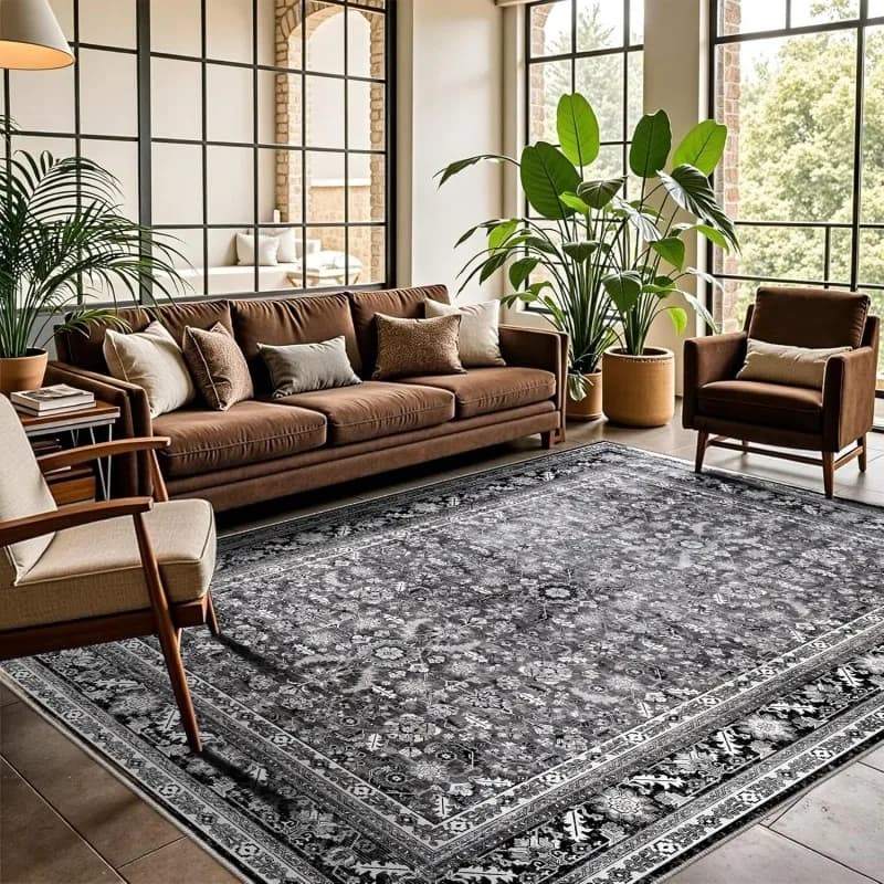 Tappeto VIKAMA Retro Orientale Nero Grigio Antiscivolo Lavabile per Soggiorno Camera da Letto Arredamento Bohemien