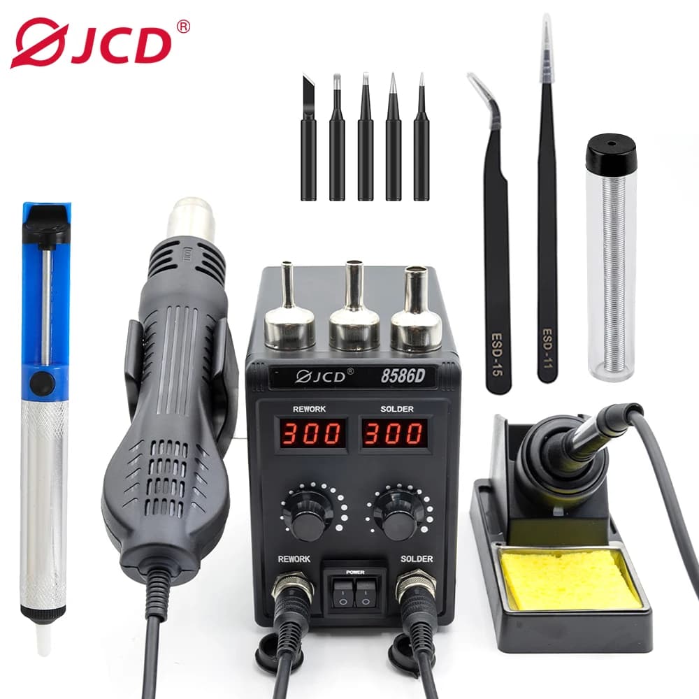 Stazione di Saldatura JCD 8586D 2-in-1 con Display Digitale LED e Pistola ad Aria Calda per Riparazione Cellulari