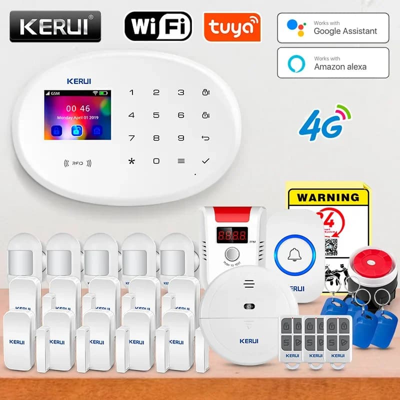 KERUI Tuya Sistema di Allarme Intelligente 4G Set di Allarme Domestico Senza Fili Con Rilevatore di Fumo Sensore di Movimento WiFi GSM per la Sicurezza Domestica W204
