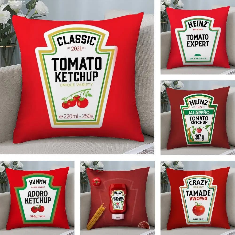 Funny label ketchup pillowcase in soft plush fabric print front-back lining for sofa cushion cover for pillows