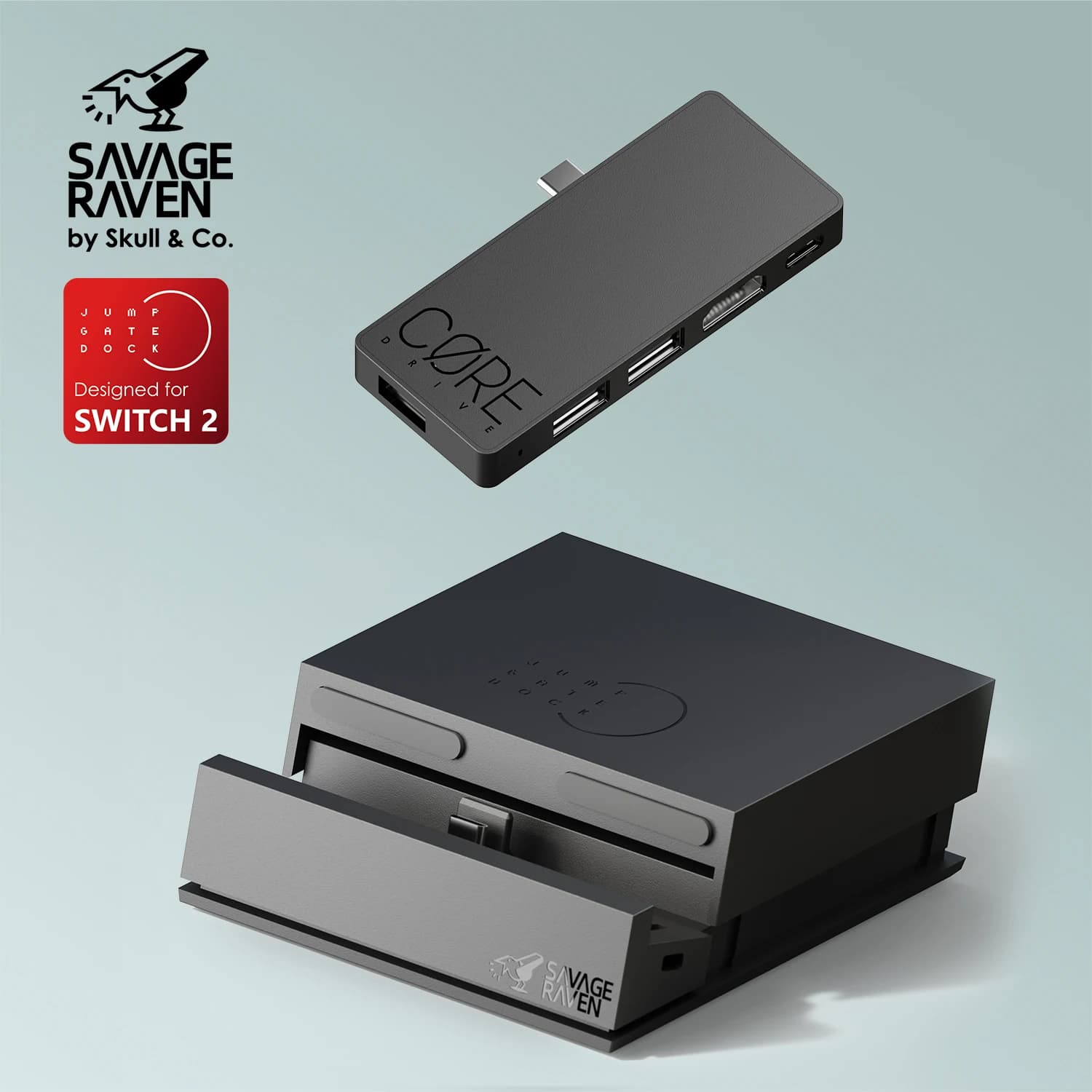 Savage Raven di Skull & Co. Dock Jumpgate Hub USB C Docking station portatile con supporto per Nintendo Switch 2 e OLED