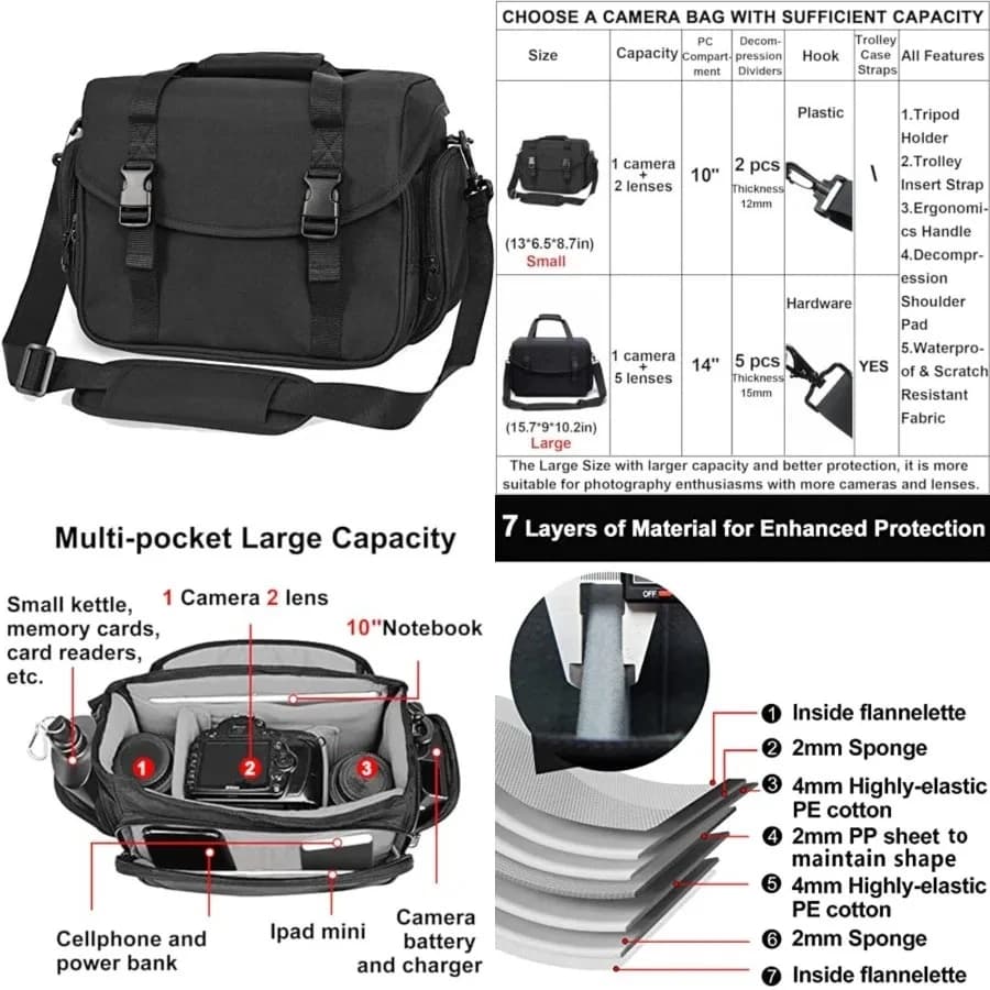 Camera Bag Case Shoulder Messenger Bag with Tripod Holder Compatible for Nikon, Canon, Sony, DSLR SLR Mirrorless Cameras Waterproof (Black, Small)