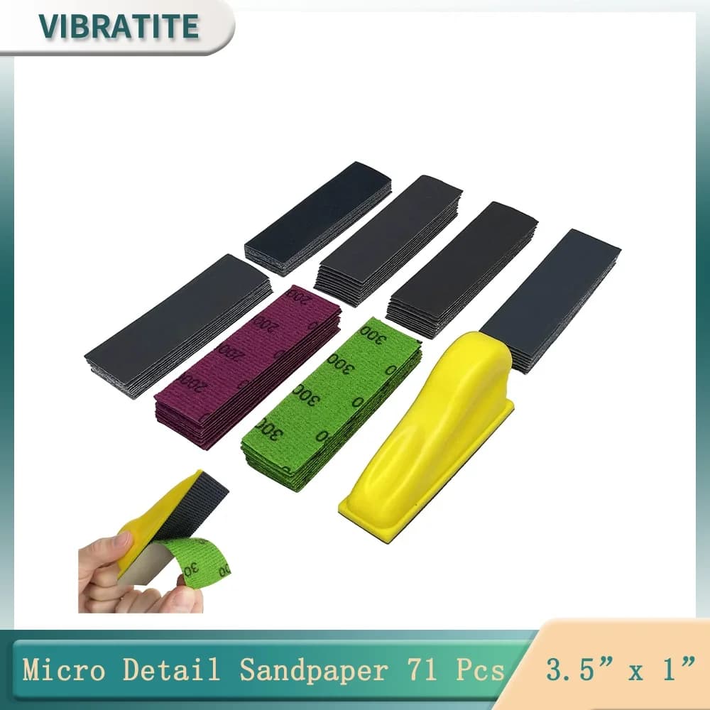 Kit di carta vetrata micro dettagli da 71 pezzi 30 * 93MM Grana 400-3000 Kit mini levigatrice con blocco di levigatura manuale per piccoli spazi in legno artigianale