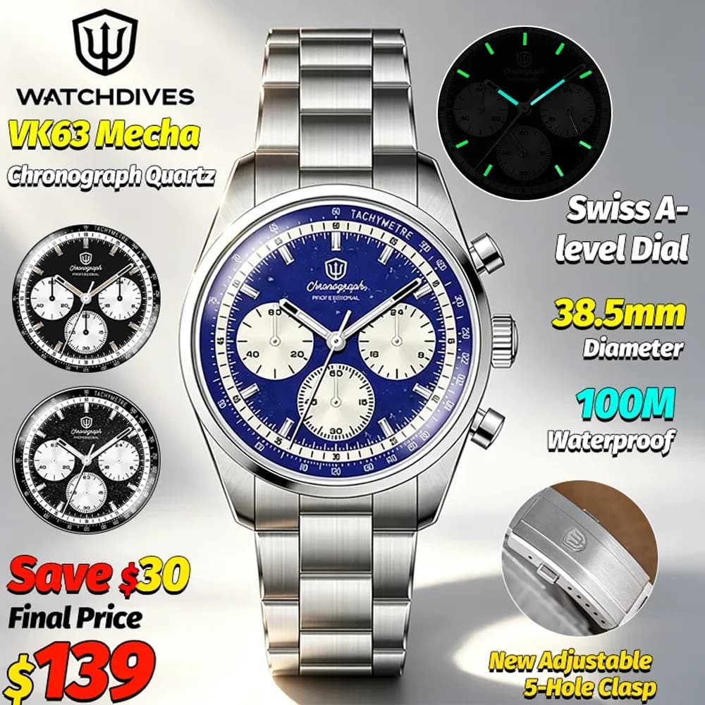 Watchdives WD0526 Orologio sportivo di lusso da uomo VK63 Mecha Chronograph Orologio al quarzo AR Sapphire 100M Orologio impermeabile in acciaio inossidabile