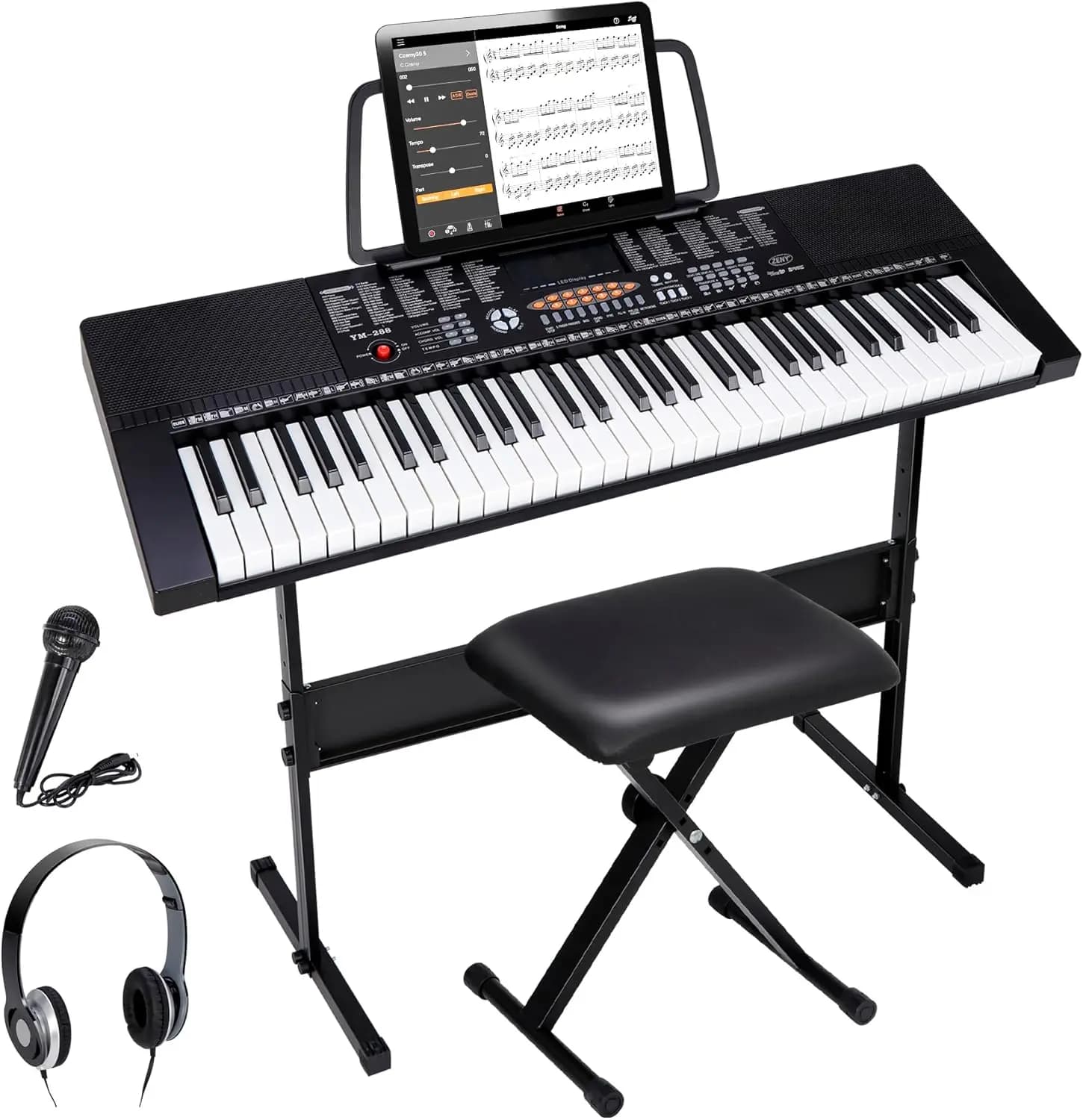 Tastiera Elettrica Portatile a 61 Tasti con Altoparlanti Integrati, Schermo LED, Cuffie, Microfono, Supporto e Sgabello