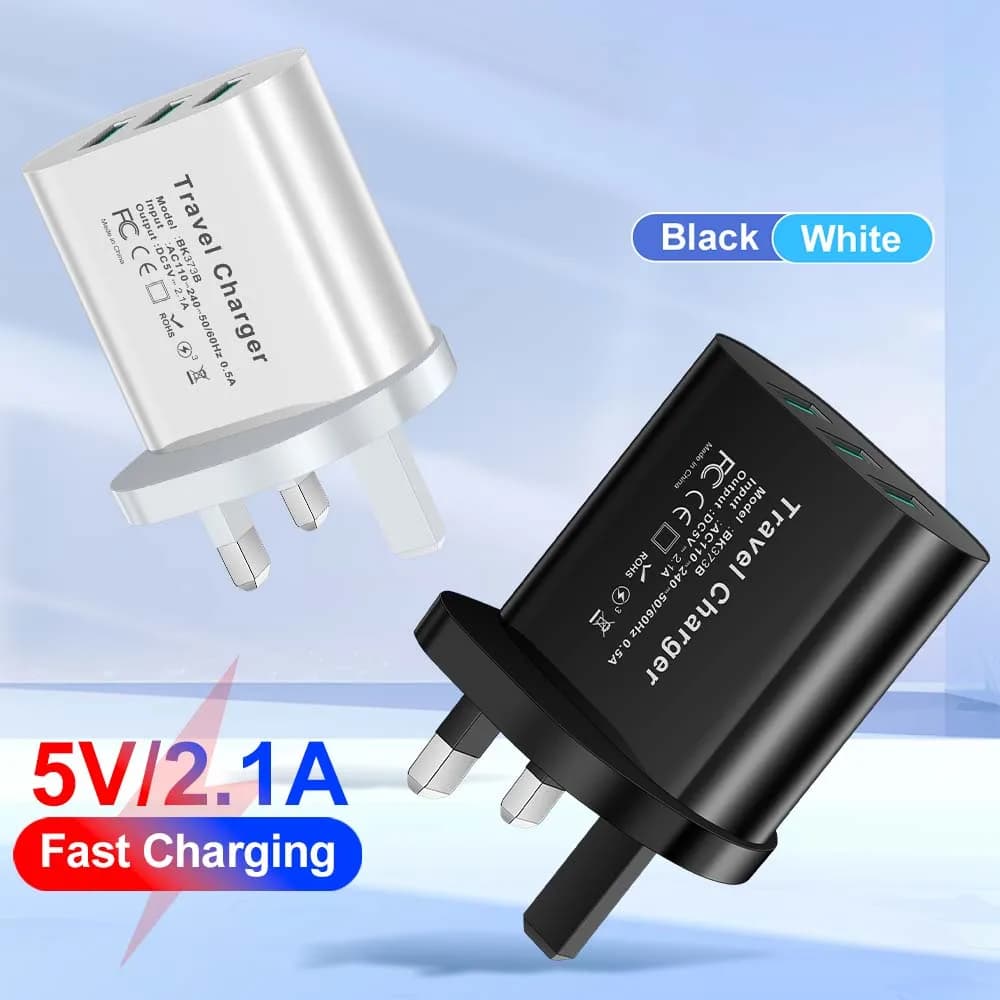Caricatore da viaggio USB a 3 porte EU/US/UK, ricarica da parete per iPhone Xiaomi Samsung, adattatore di ricarica per presa per telefono cellulare