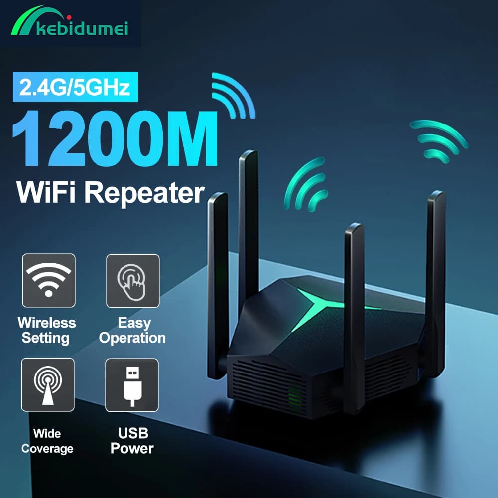 Kebidumei Ripetitore WiFi 1200Mbps, Amplificatore di Segnale Wireless Dual Band 2.4G 5GHz, Estensore Wi-Fi a Lungo Raggio per Casa