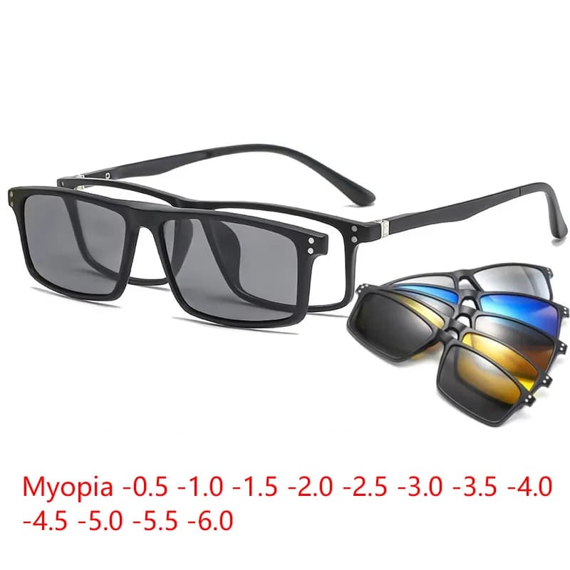 Occhiali da sole magnetici miopia da uomo 5 in 1 clip polarizzata su occhiali quadrati da donna occhiali per visione notturna ultraleggeri da -0,5 a -10