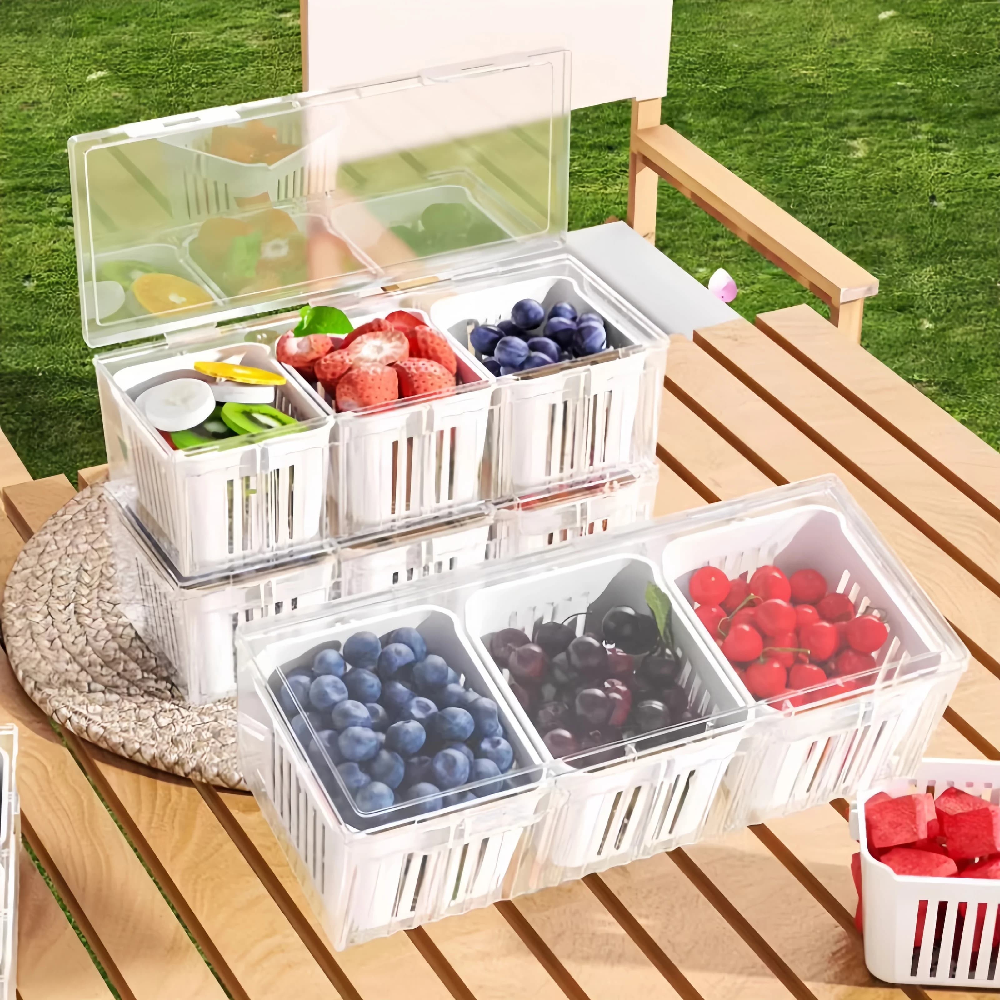 1 set di accessori per frigorifero da cucina con coperchio, contenitore per alimenti, con 3 scomparti quadrati trasparenti rimovibili d