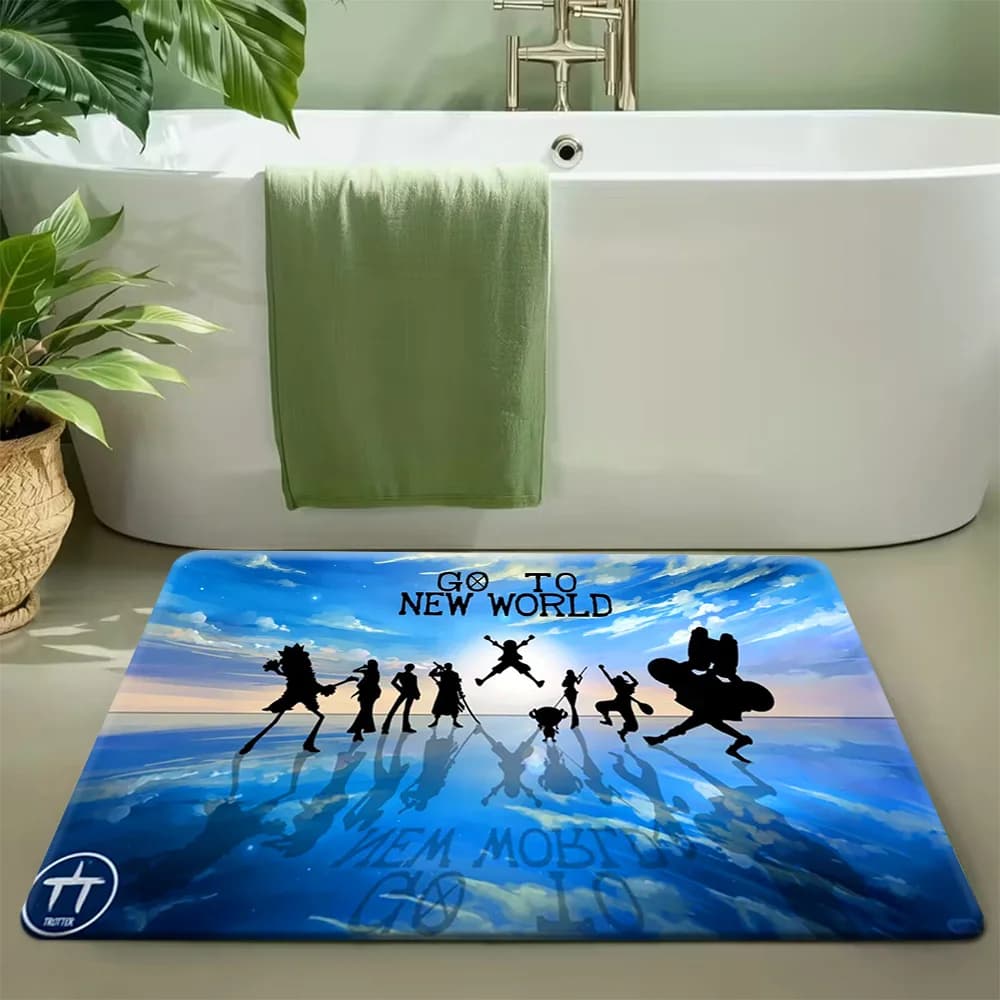 Tappetino da Bagno Antiscivolo e Assorbente con Silhouette della Squadra di Cappelli di Paglia di One Piece, Tema "Vai nel Nuovo Mondo", Tappeto Bagno con Personaggi e Riflessi del Cielo