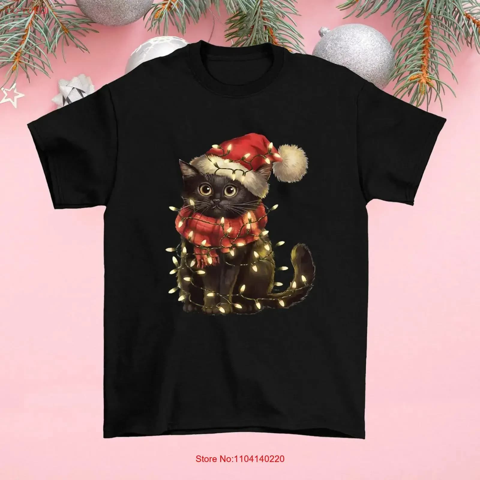 Maglietta natalizia divertente con gatto nero e luci dell'albero di Natale, tutte le taglie, vintage, effetto lavato, leggermente comoda, abbigliamento di design.