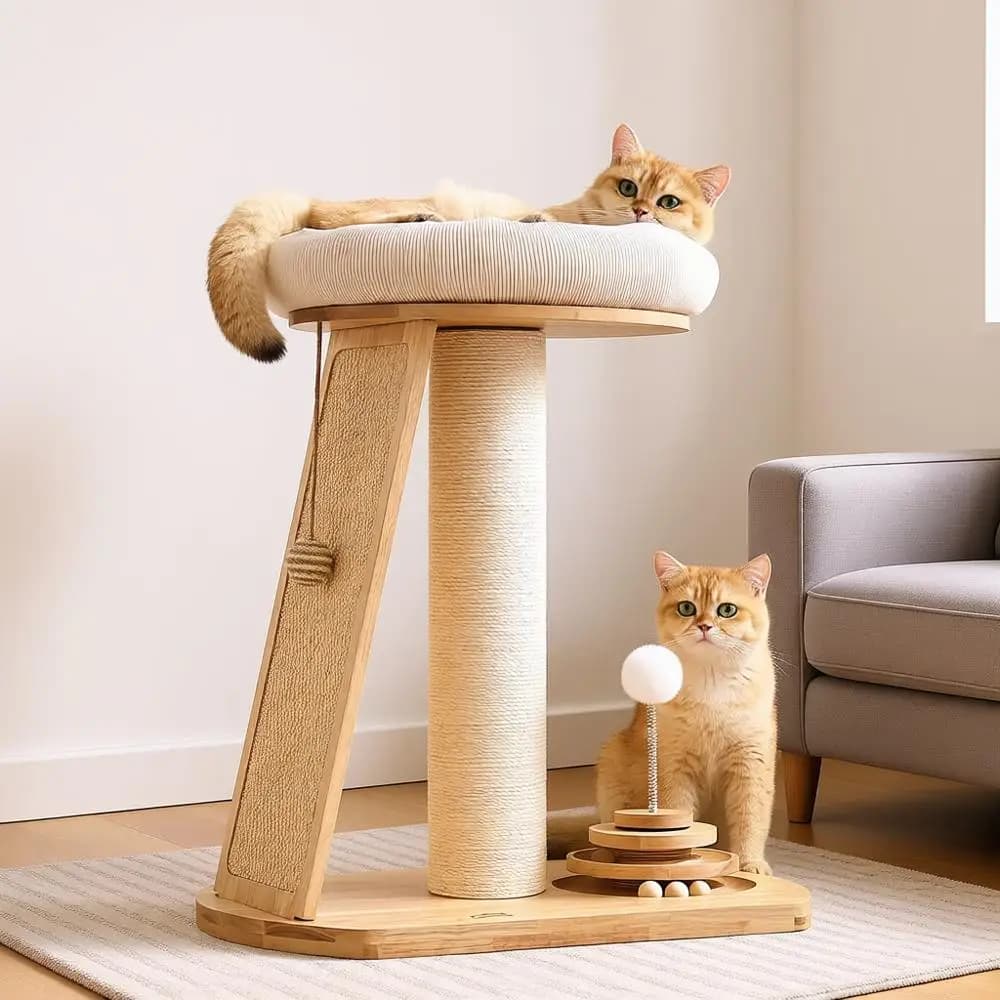 Torre per Gatti in Legno Massello con Tiragraffi, Piccola Torre per Gatti con Cuccia Rimovibile e Tavola Tiragraffi, Torre per Gatti con Area Gioco