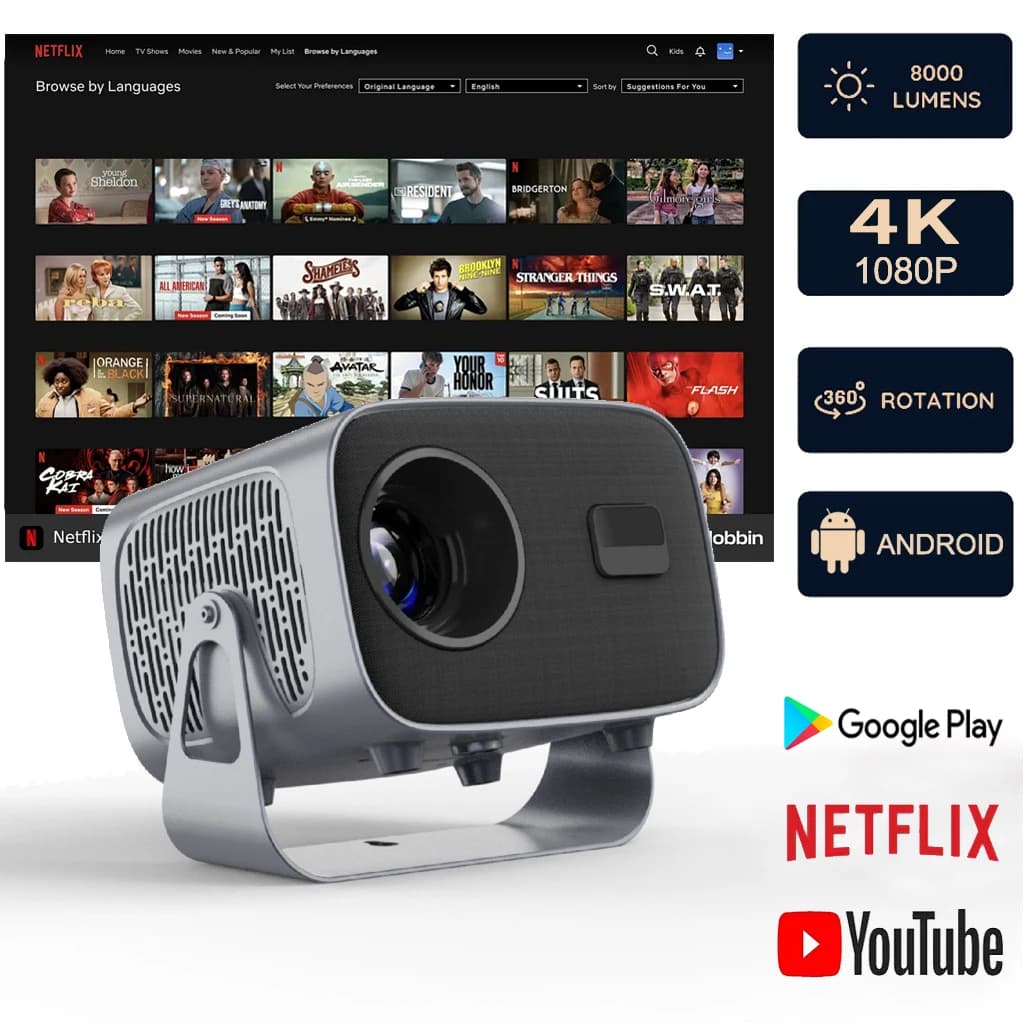 New A10 4K Android13 Projector SmartPhone Native Auto Focus Keystone BT5.2 WIFI6 Portable 360° Rotate 1280*720P Home Cinema
