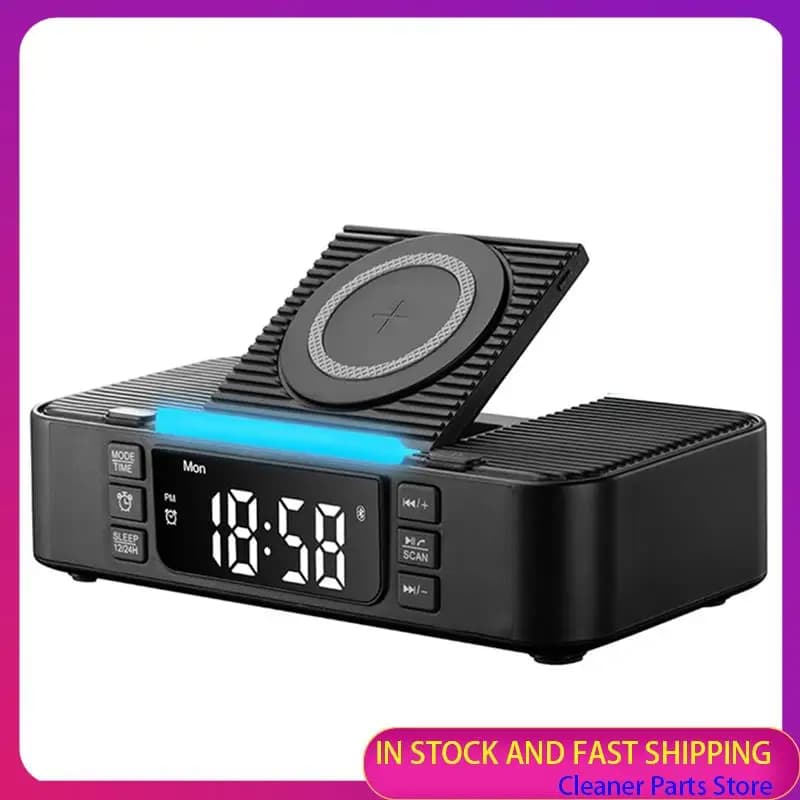 VENDITA CALDA-Stazione di ricarica wireless inclusa altoparlante Bluetooth, sveglia, radio FM, luce notturna, supporto per telefono, dis regolabile