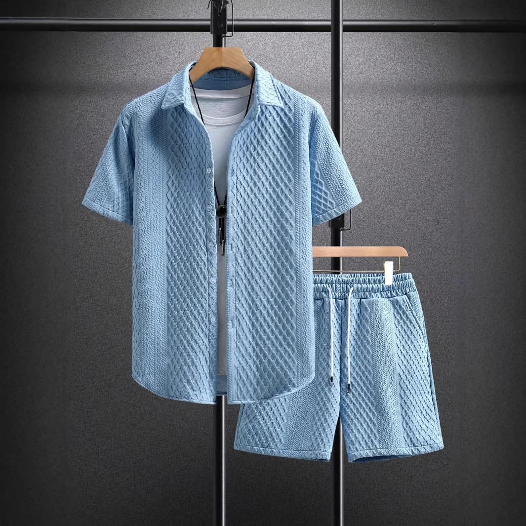 Men's Casual Two Pieces 2026: Short Sleeve Shirt with Bottoni and Shorts with Elastic in Life, Large fit, Solid color