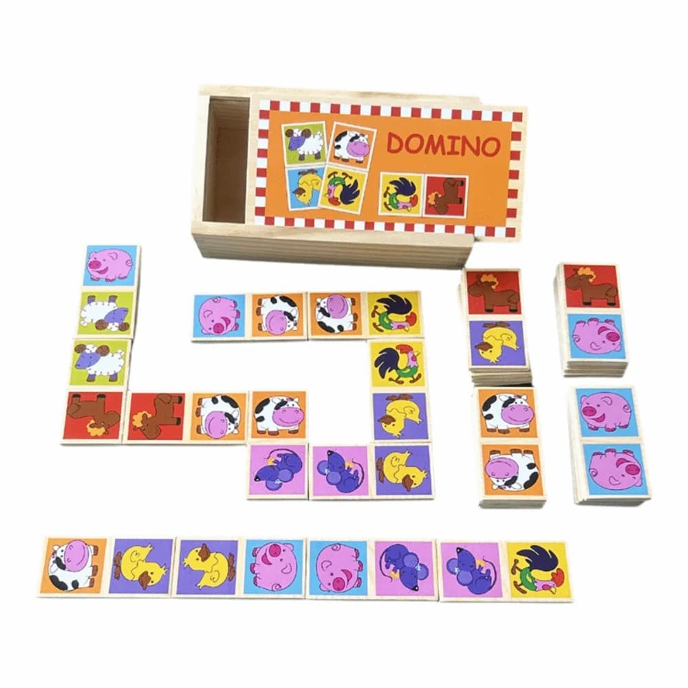 Set di Domino con Motivi Cartoon 15/28 Pezzi, Gioco Solitario in Scatola di Legno, Giocattolo Educativo Multicolore, Puzzle Cognitivo