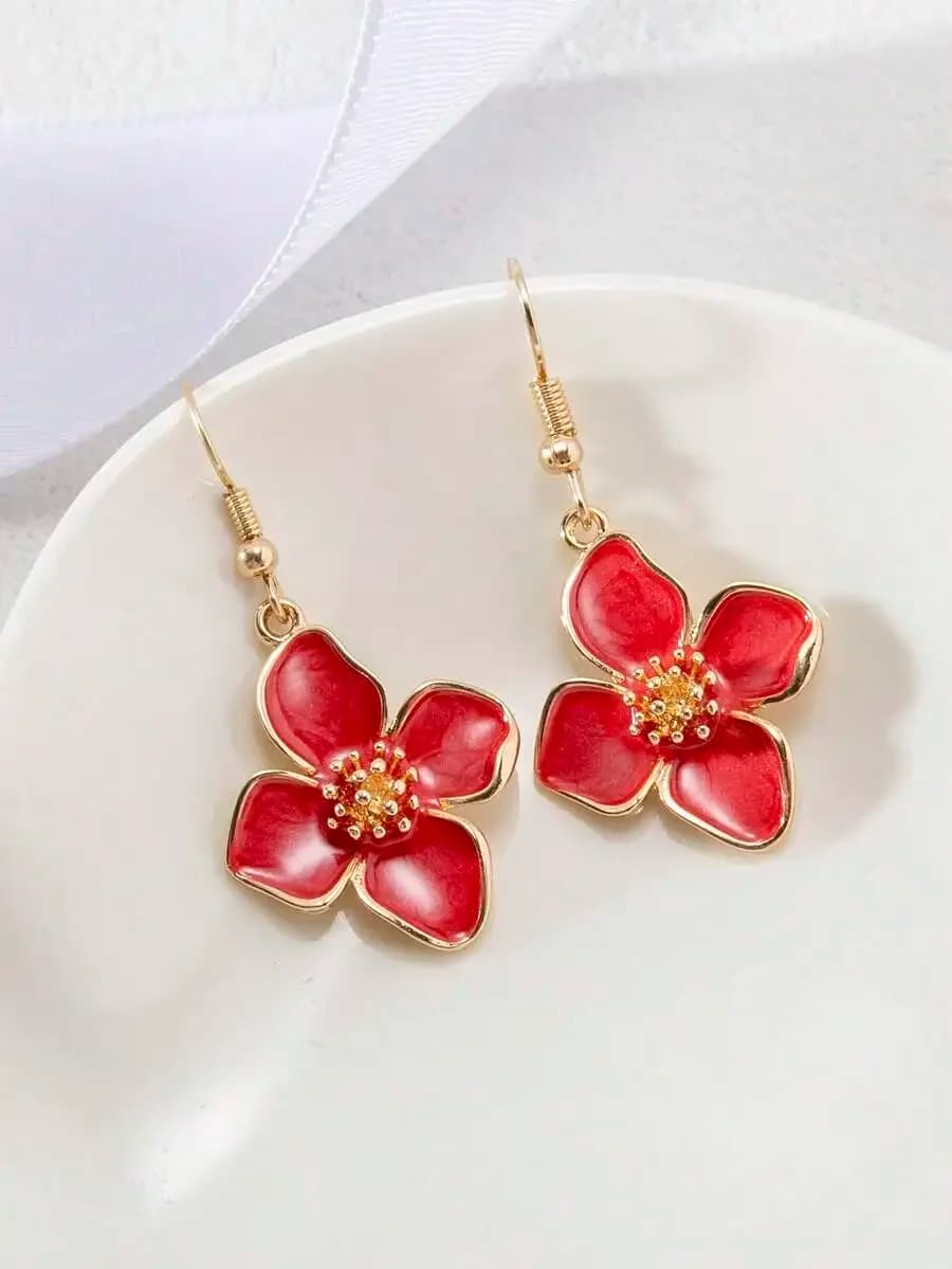 Orecchini pendenti con fiore in smalto rosso per donna, gioielli alla moda