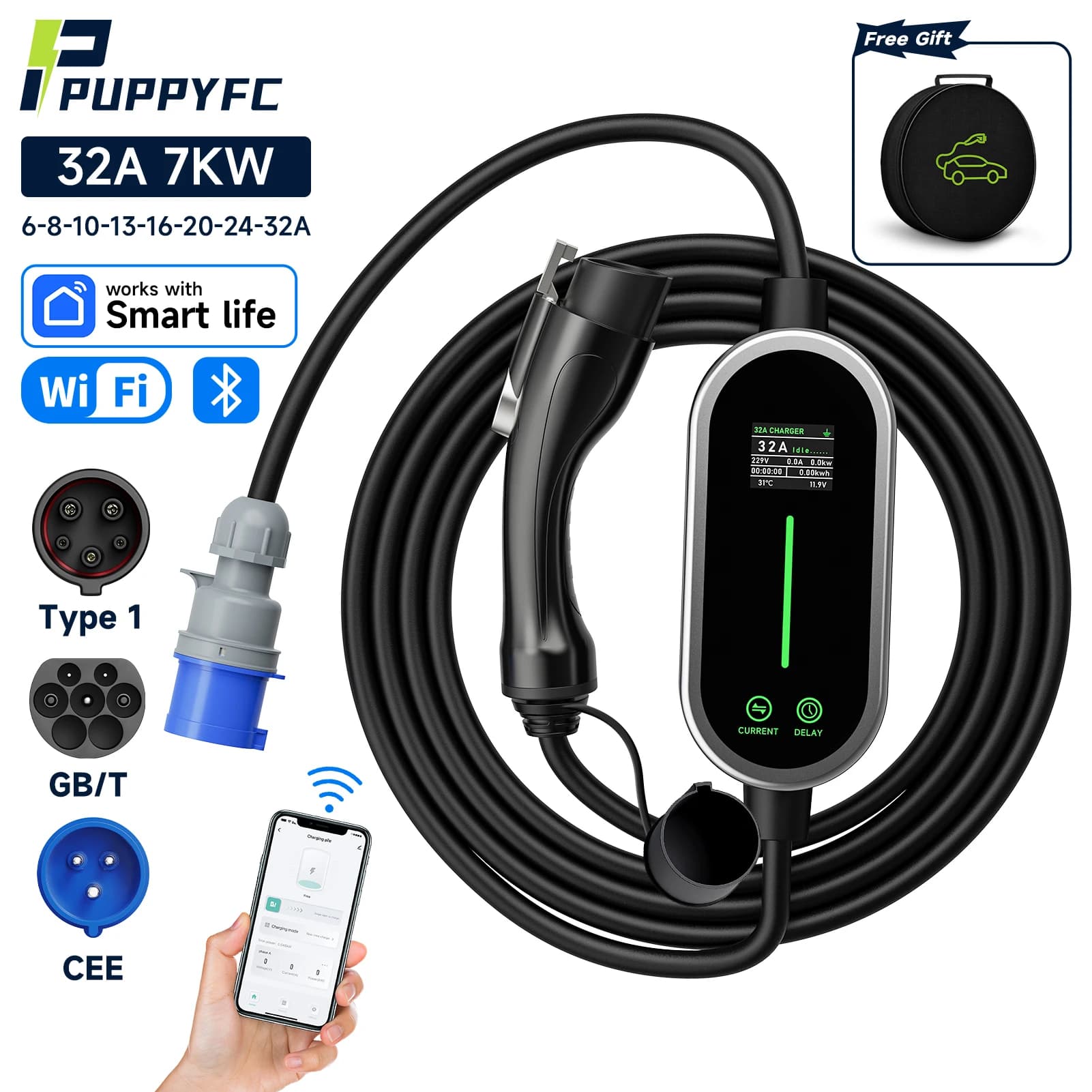 Puppyfc 7KW 32A Smart WiFi Portable charger EV Type1/Type2 charging station for domestic electric vehicles with EEC plug