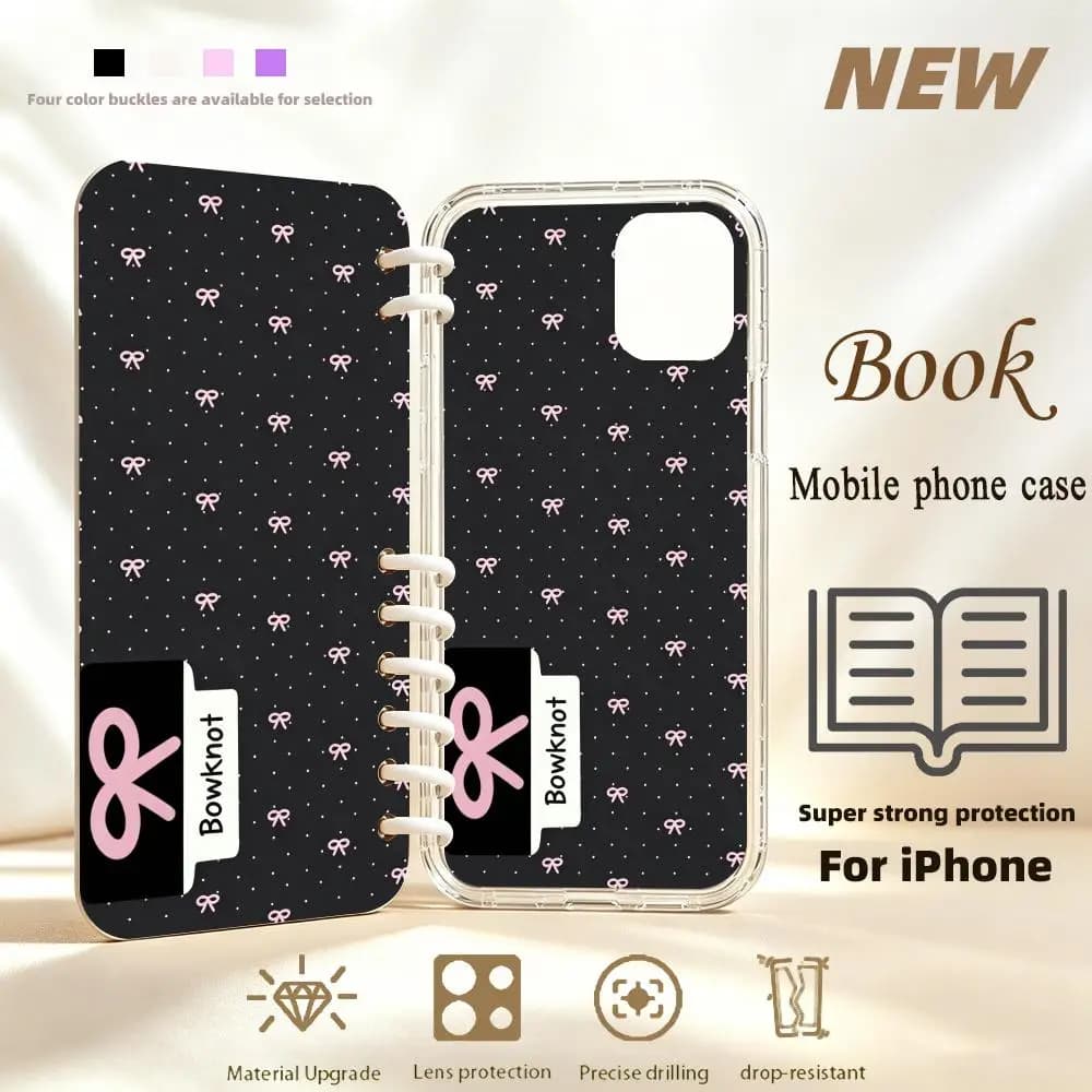 Pink bow dot print Book-style All-inclusive phone case for iPhone 17、16、15、14、13、12、11pm Pro Plus Double-sided Dropresistant