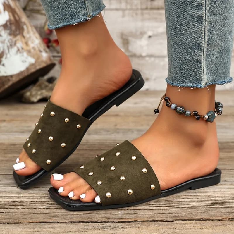 New Summer Women's Open-toe Flat Sandal, Stylish Square-toe Studded Slippers Womens Outdoor Everyday Non-slip Slippers Plus Size