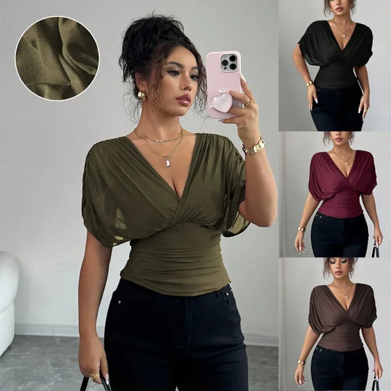 2026 Fashion Women's Blouses Elegant Hot Girl Solid Color Deep V-Neck Puff Short Sleeve Shirt Waist-Cinching Women's Ruched Tops