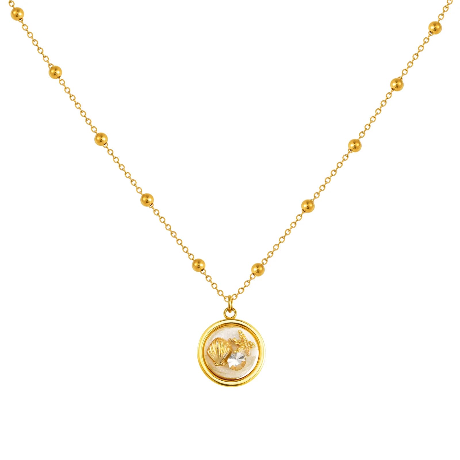 Women's Round Necklace with Shell Starfish Zircon,Marine Style Bead Chain Stainless Steel Necklaces,Gold Color Jewelry Gifts