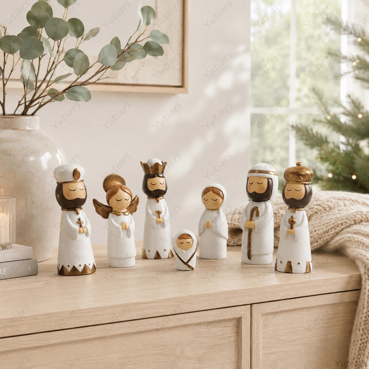 7PCS Christmas Nativity Figurine Set Handmade Ceramic Jesus Birth Scene Ornament Mary Joseph King Shepherd Home Decor Gift