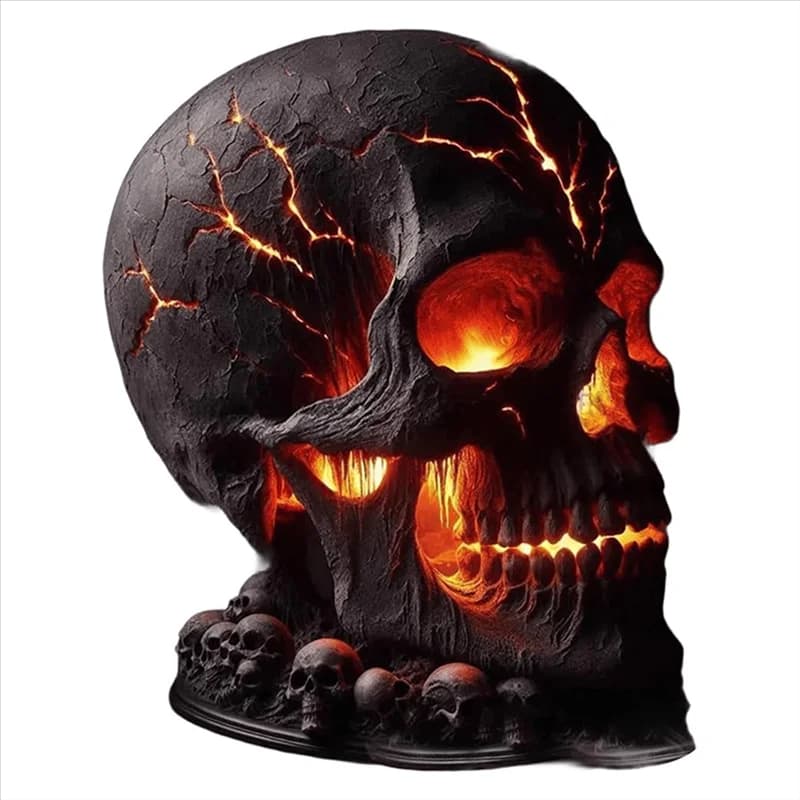 FYBL-Lampada da tavolo con fiamma di teschio, lampada decorativa con teschio di Halloween, luce notturna a LED decorativa, lavorazione artigianale in resina, ricaricabile tramite USB