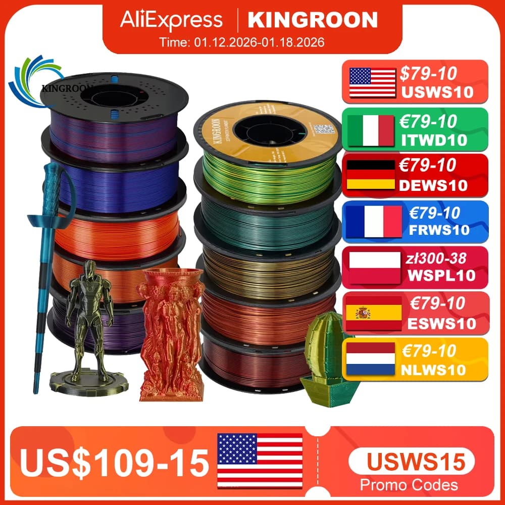 3D printer with two-tone PLA filament in silk KINGROON 1,75 mm 11/22 pounds Filament PLA in silk Plastic materials 3D printing Special color