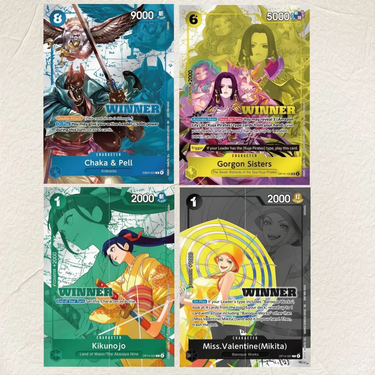 One Piece Chaka&Pell Gorgon Sisters Kikunojo Mikita 4Pcs Winner Set Holographic Texture Cards DIY Premium Anime Collection Card