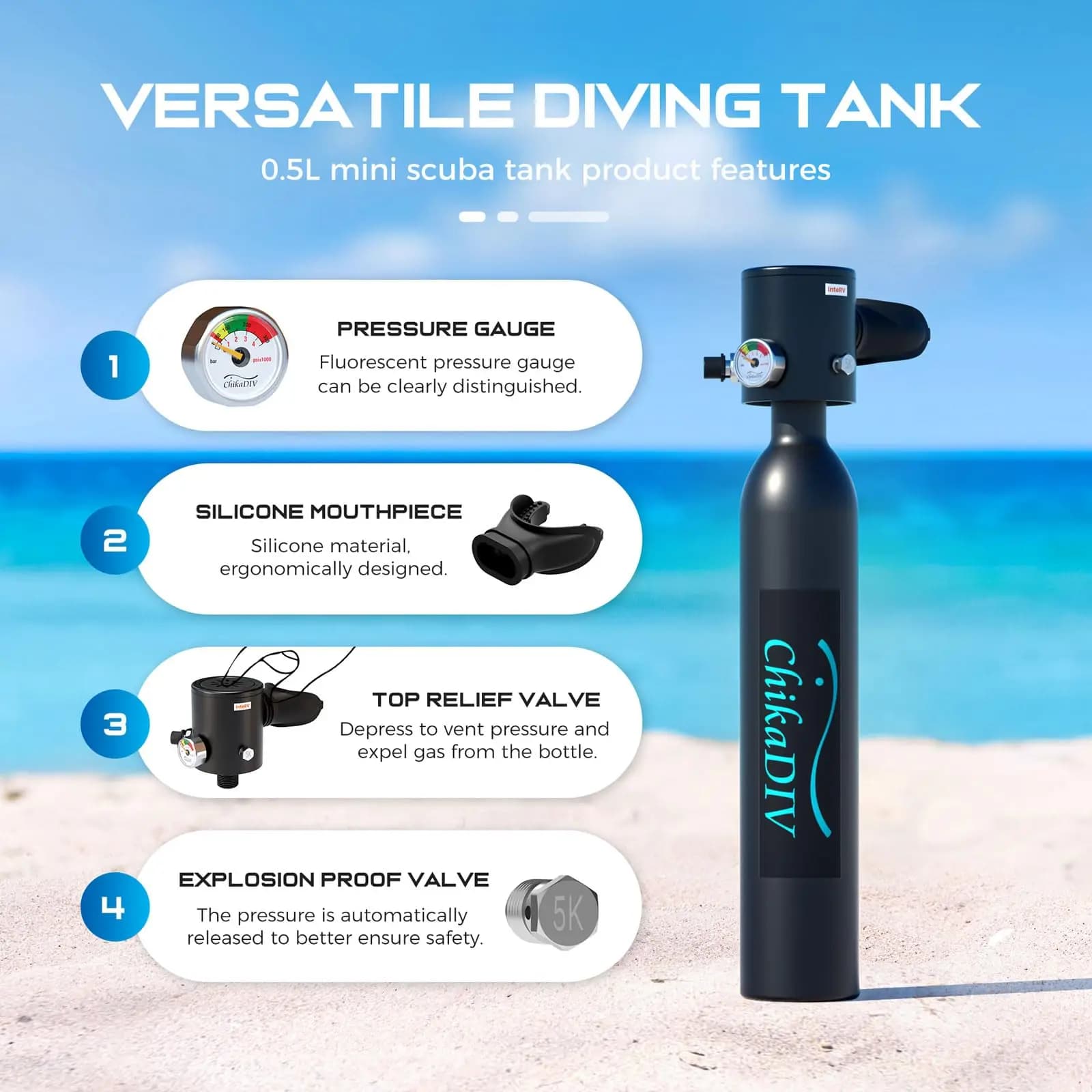 ChikaDiv S300 0.5L Mini Attrezzatura per Immersioni Subacquee, Bombola di Ossigeno per Snorkeling, Autonomia 10 Minuti, Design Ricaricabile, Buceo