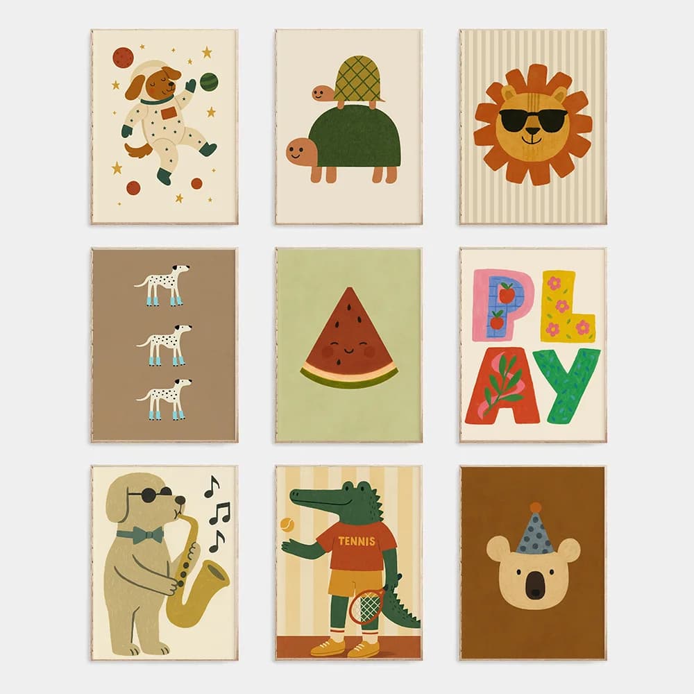 Astronauta Cane arrotolato Poster Animali dei cartoni animati Wall Art per la cameretta dei bambini Sala giochi Simpatiche dipinti di principesse Set di decorazioni per la casa