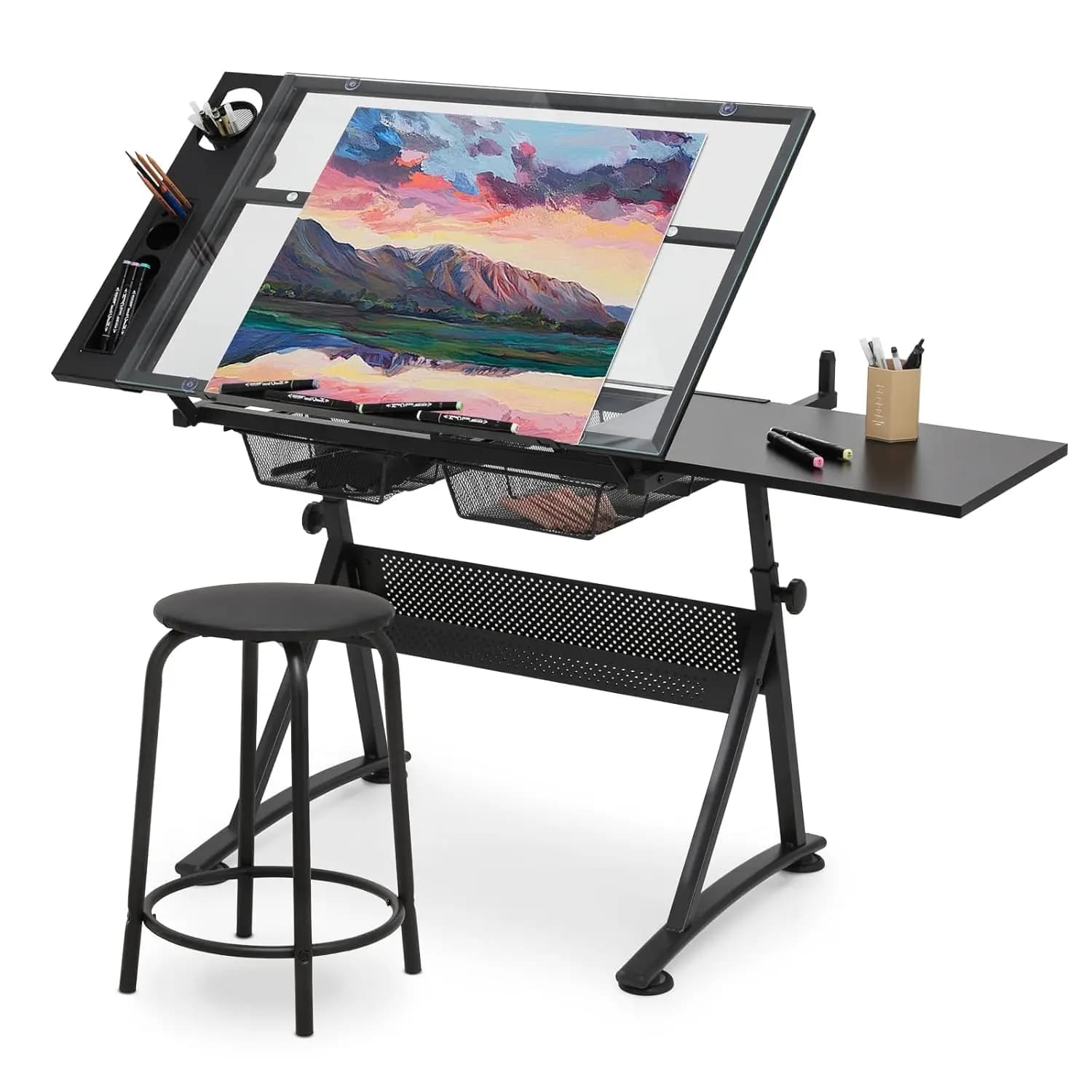 Drawing Table with Glass Top Adjustable in Height, Drawing Table with Storage Drawers, Extensible Design, Artistic Desk, Customizable