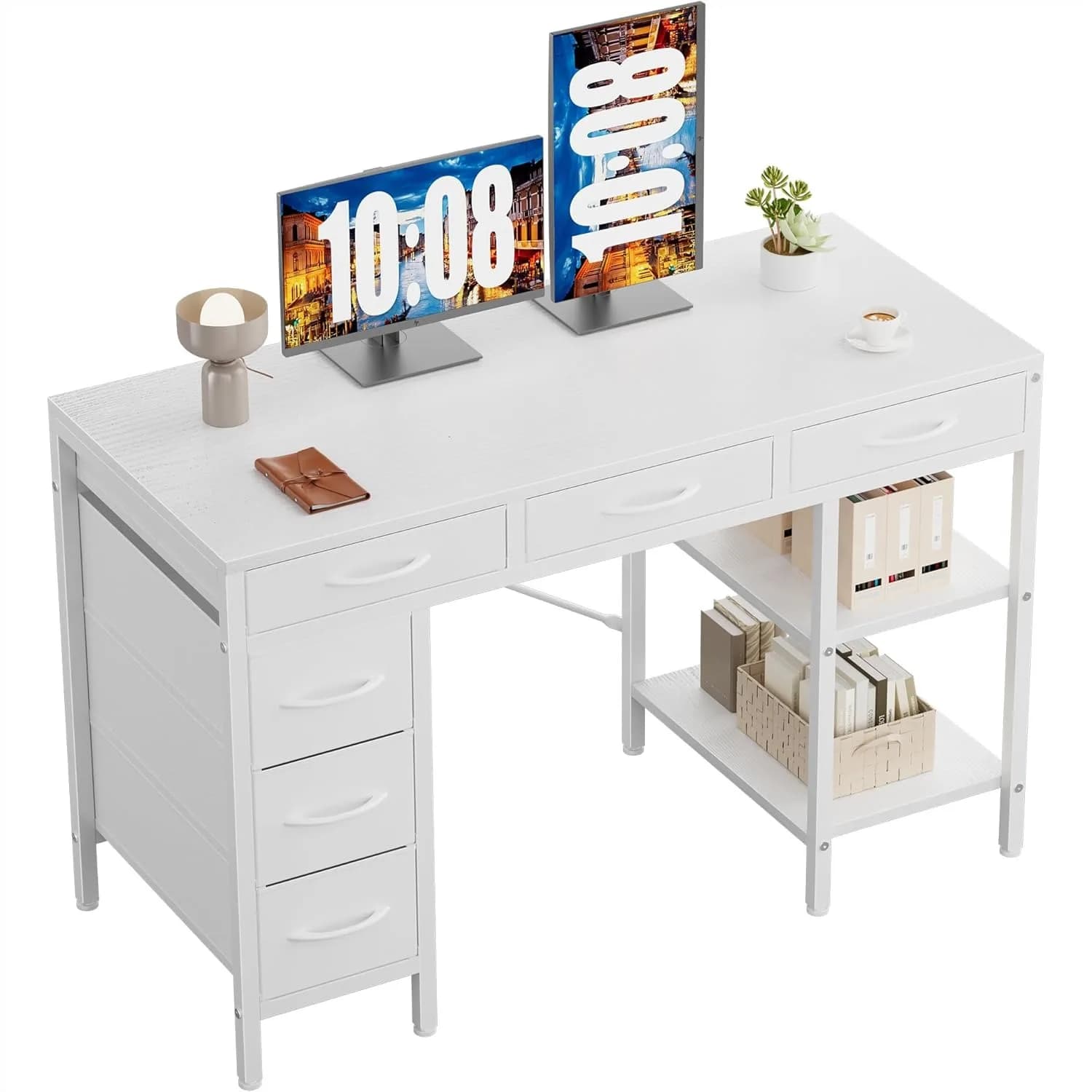 Scrivania per Computer da 47 Pollici con 6 Cassetti, Scrivania da Gaming per Ufficio Domestico con Ripiani Portaoggetti per Camera da Letto, Bianca