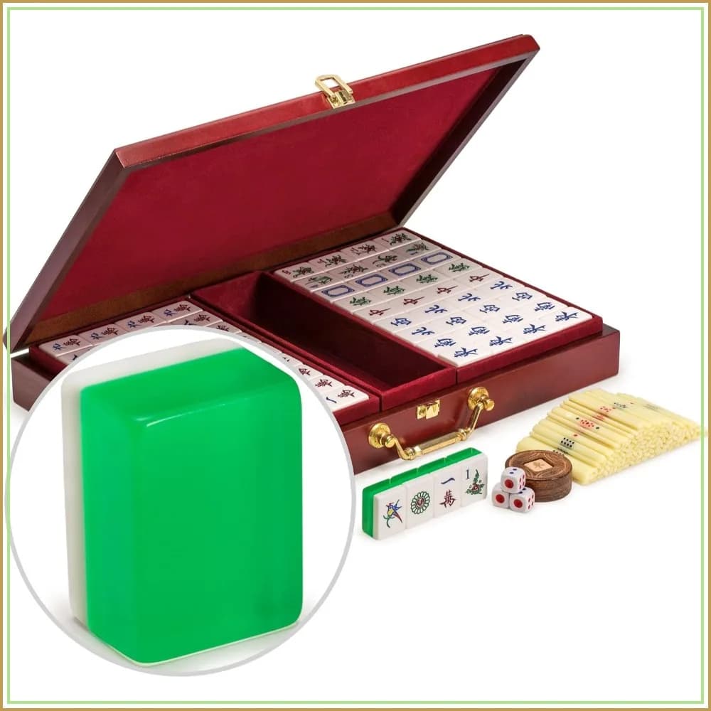Classic Chinese Mahjong Game Set, 148 Translucent Green Tiles, Wooden Case