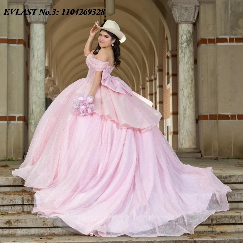 EVLAST Personalizzato Rosa Lucido Abito Quinceanera Abito di Sfera Applique In Rilievo di Cristallo A File Arco Dolce 16 Vestido De 15 Anos E3Q312