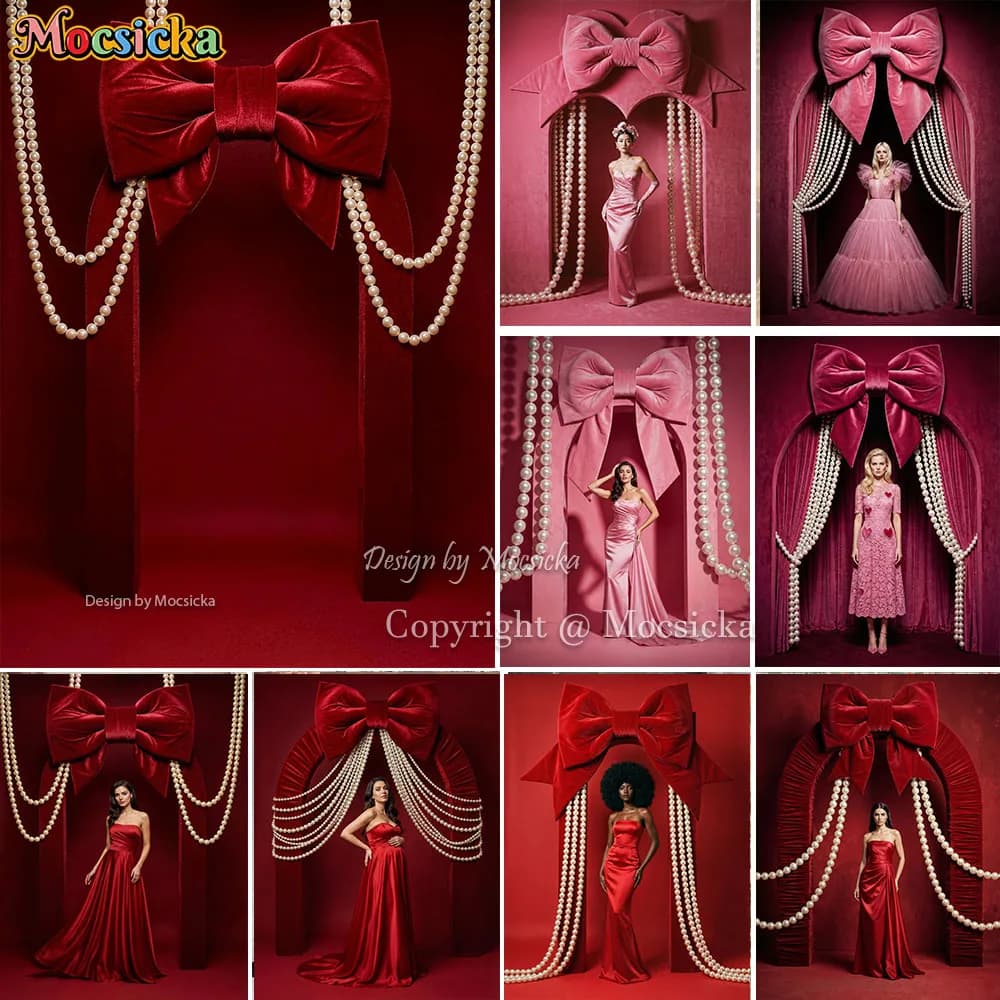 Mocsicka Sfondo Fotografico con Fiocco Rosso Rosa e Perle per Matrimoni, Compleanni, Studio Fotografico, Baby Shower