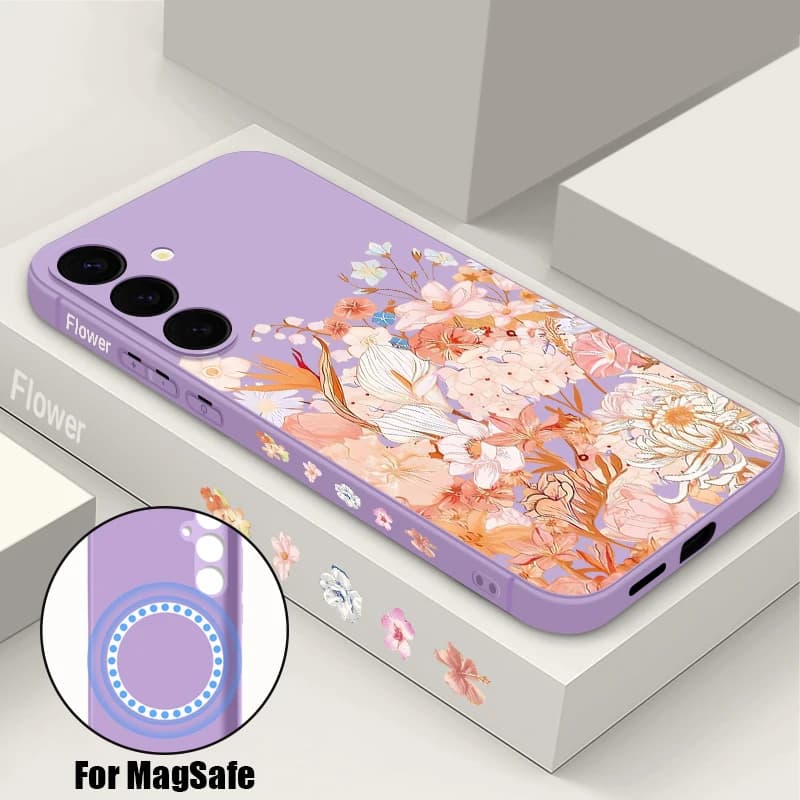 Magnetico Per Magsafe Custodia Per Samsung Galaxy S25 Utra S24 S23 Plus S22 S21 FE Ortensia Peonia Modello di Fiore Della Copertura Morbida Funda